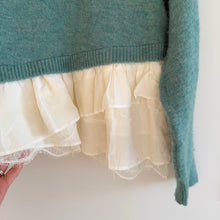 Load image into Gallery viewer, Cinq à Sept Ruffles Lace Hem Crew Neck Pullover Sweater Turquoise XS
