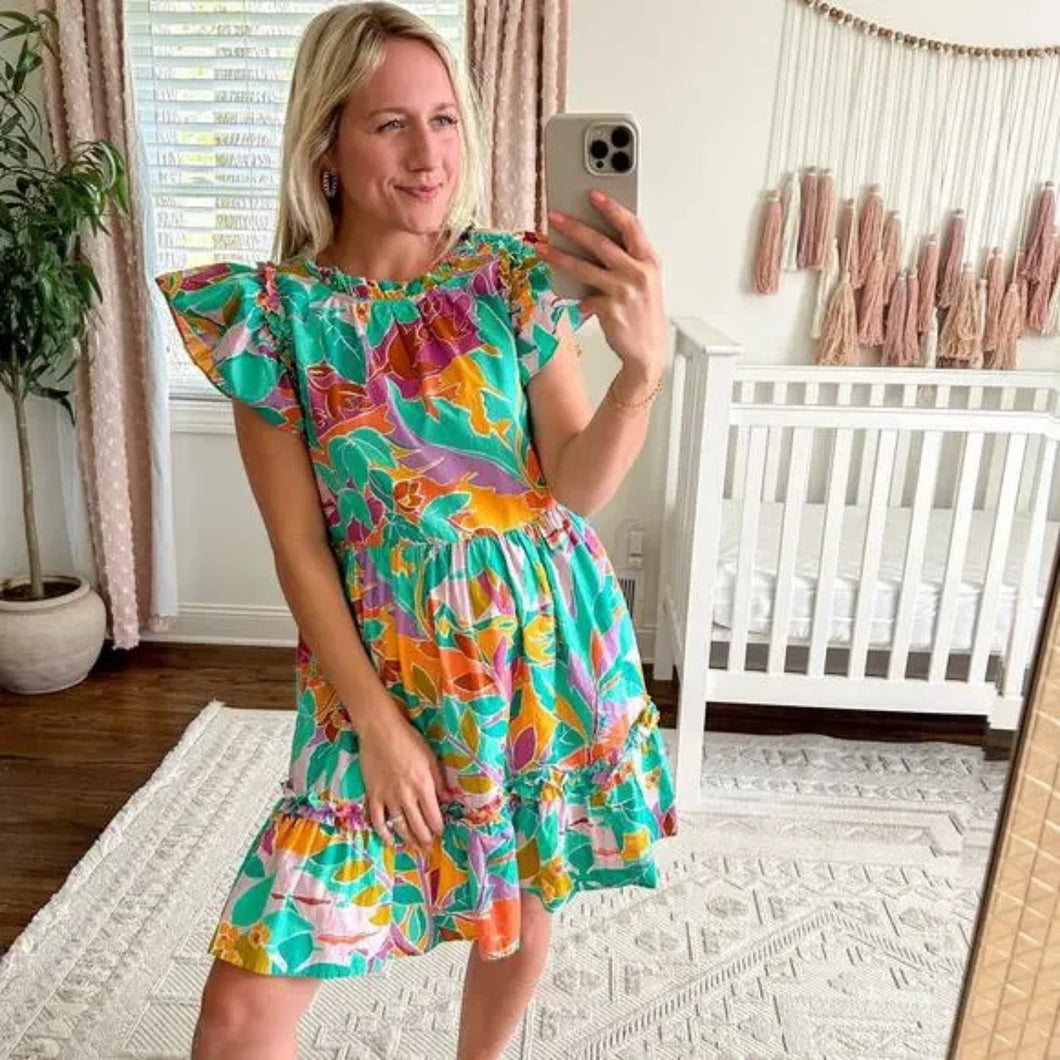 House Of Harlow 1960 Floral Print Flutter Sleeve Mini Dress Green Multi S