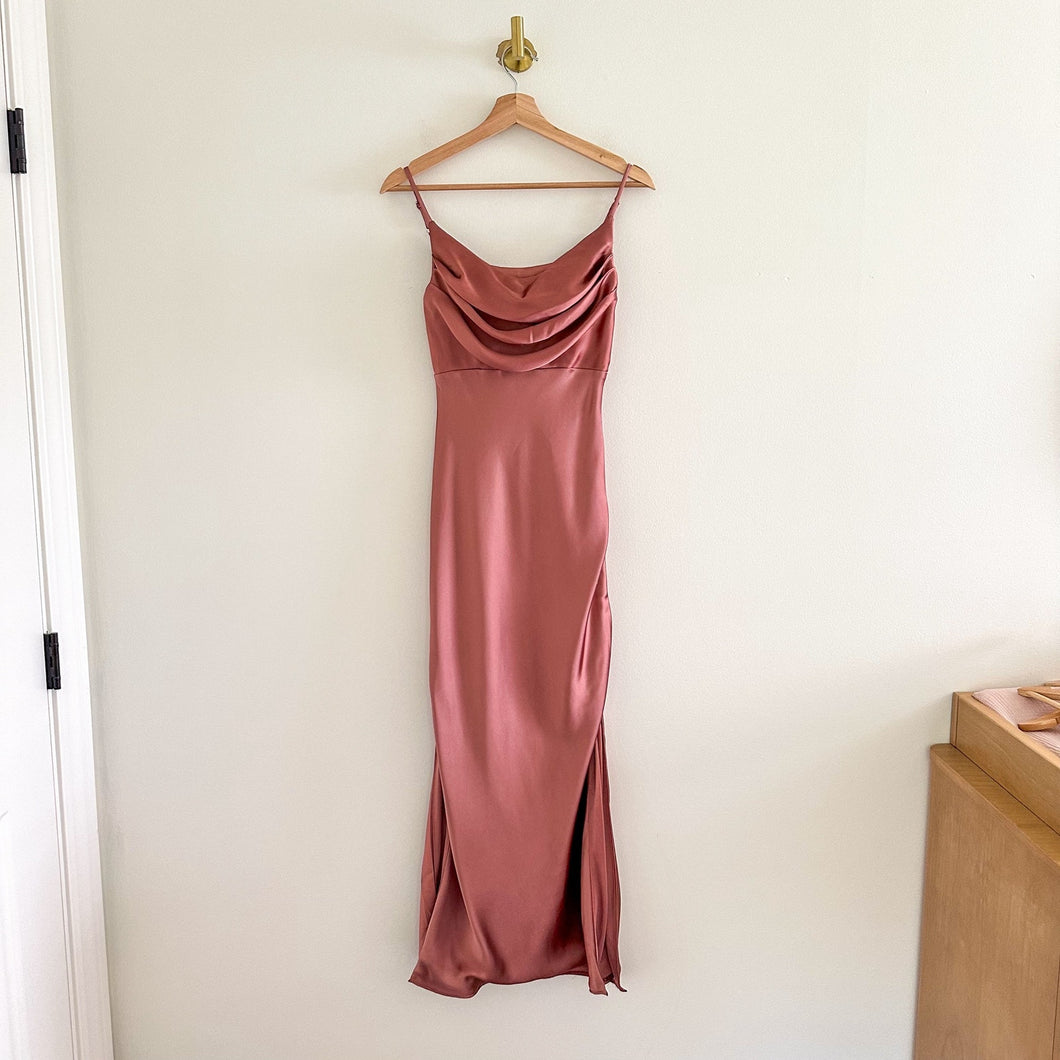 Revelry Skye Satin Cowl Neck Sleeveless Front Slit Maxi Dress 0