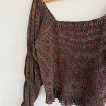 Load image into Gallery viewer, Anthropologie Bishop Smocked Metallic Shimmer Bell Sleeve Cropped Blouse Brown M
