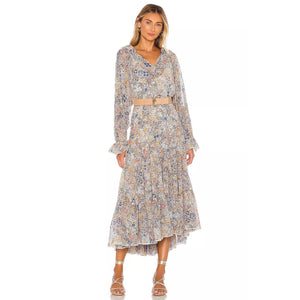 Free People Feeling Groovy Tiered Bell Sleeve Floral Casual Maxi Dress Blue S