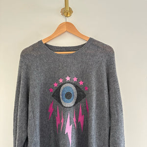 Lauren Moshi Cashmere Ladona Electric Evil Eye Draped Fit Pullover Sweater Gray XL