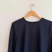 Load image into Gallery viewer, GANNI Clark Bateau Neckline Striped Ruffle Trim Long Sleeve Dress Navy White 42
