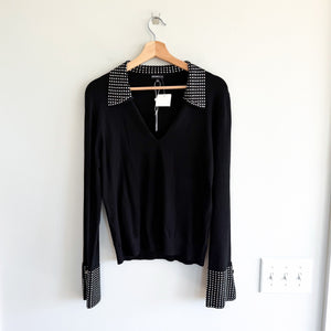 Minnie Rose Rhinestone Stud Embellished Bell Sleeve Sweater Black L NWT