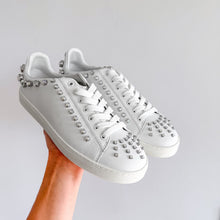 Load image into Gallery viewer, Stuart Weitzman Goldie Shine Embellished Convertible Sneakers White Silver 8

