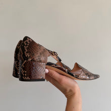 Load image into Gallery viewer, AGL Brenda Snake Embossed Leather Block Heel Sandals Brown 39.5
