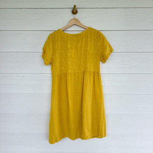 Terzo Millennio Linen Embroidered Short Sleeve Shift Mini Dress Yellow S