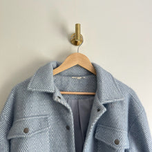 Load image into Gallery viewer, Mystree Fuzzy Soft Button Front Herringbone Shacket Blue S
