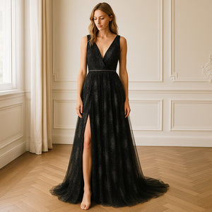 BASIX Black Label V-Neck Fit Flare Tulle Gown Black Silver