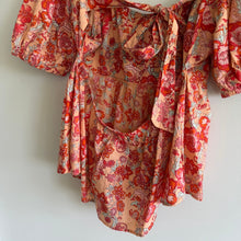 Load image into Gallery viewer, THML Floral Print Tie Open Back Puff Sleeve Peplum Blouse Orange Pink L
