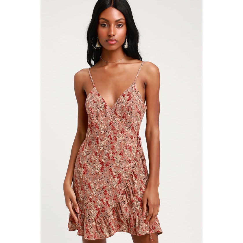 Free People All My Love Pink Floral Wrap Mini Dress Pink/Red XS