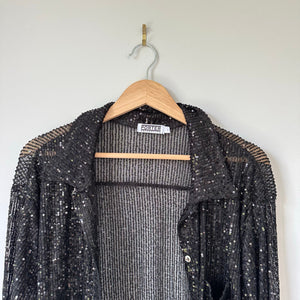 Porter Collective Sequins Townes Sheer Button Front Long Sleeve Blouse Black L
