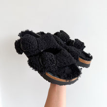 Load image into Gallery viewer, Birkenstock Papillio Arizona Big Buckle Shearling Slide Sandals Black 9 NWOT
