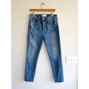Denim Forum The Yoko High Rise Slim Button Fly Raw Hem Skinny Jeans Blue 30