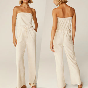 Beyond Yoga Tropez Strapless Leg Slit Hem High Rise Jumpsuit Pristine Cream XS