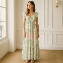 Load image into Gallery viewer, Revolve House of Harlow Zhuri Floral V-Neck Lace Trim Tiered Maxi Dress Green XS
