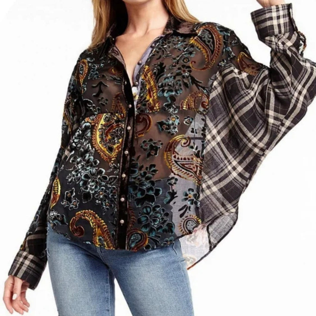 ARATTA Velvet Semi-Sheer Floral Paisley Print Dolman Sleeve Shirt NWT