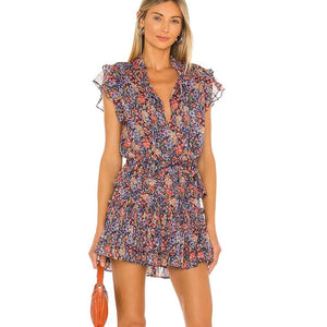 Misa Lillian Floral Pattern Ruffles Tiered Mini Dress Blue Red S