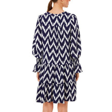 Load image into Gallery viewer, Pomander Place Kenzo Ikat Pattern V-Neck Ruffles Sleeve Mini Dress Blue XS
