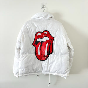 Hipchik Couture Zip Up Sequin Tongue Puffer Jacket White L