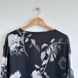 White House Black Market Silk New Romance Floral Sheer Sleeve Ruffle Blouse