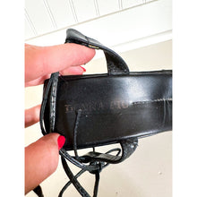 Load image into Gallery viewer, Donna Piu Leather Wrap Ankle Tie Open Toe Wedge Sandals Black $250
