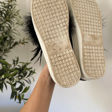 Load image into Gallery viewer, Here/Now Lily Feather Pom Leather Slip On Platform Sneaker Black 8.5
