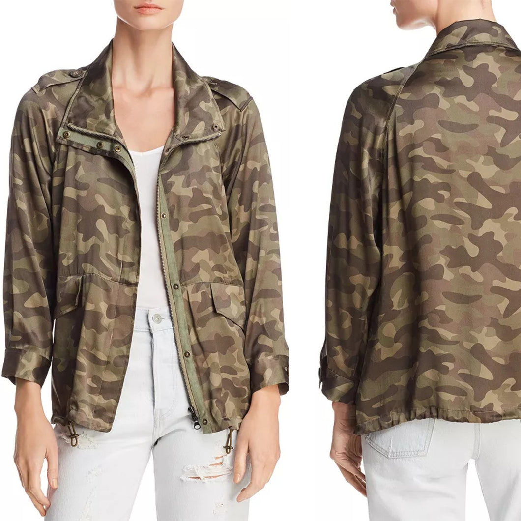 Cami NYC Quinn Silk Camouflage Print Zip Up Jacket Green L