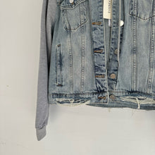 Load image into Gallery viewer, Blank NYC Hooded Fury Button Front Light Denim Jacket Blue/Gray M
