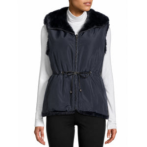 La Fiorentina Reversible Faux Fur Hooded Zip Up Vest Navy