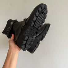 Load image into Gallery viewer, Valentino Garavani Rockstud Buckle Leather Slip-On Zipper Combat Boots Black NEW

