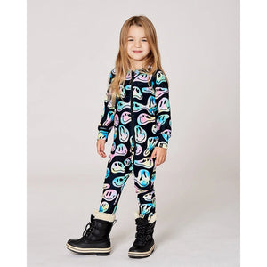 Deux Par Deux Smiley Face Girl Print Long Sleeve Thermal One Piece Black 7 NWT