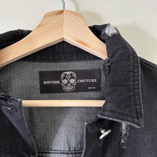 Load image into Gallery viewer, Hipchik Couture Star Embellished Distressed Denim Jacket Black L
