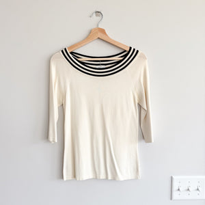 Max Mara Silk Striped Trim Round Neck 3/4 Sleeve Pullover Sweater S