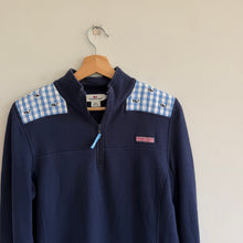 Load image into Gallery viewer, Vineyard Vines Shep Shirt Gingham Whale Shoulder 1/4 Zip Sweatshirt Blue M

