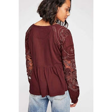 Load image into Gallery viewer, Free People Penny Embroidered Sheer Sleeve Peplum Blouse Purple Red M
