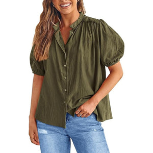 Prettygarden Button Front Puff Sleeve Cotton Casual Blouse Green S