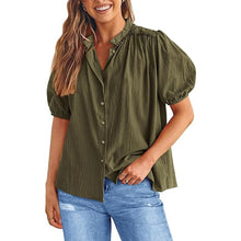 Load image into Gallery viewer, Prettygarden Button Front Puff Sleeve Cotton Casual Blouse Green S

