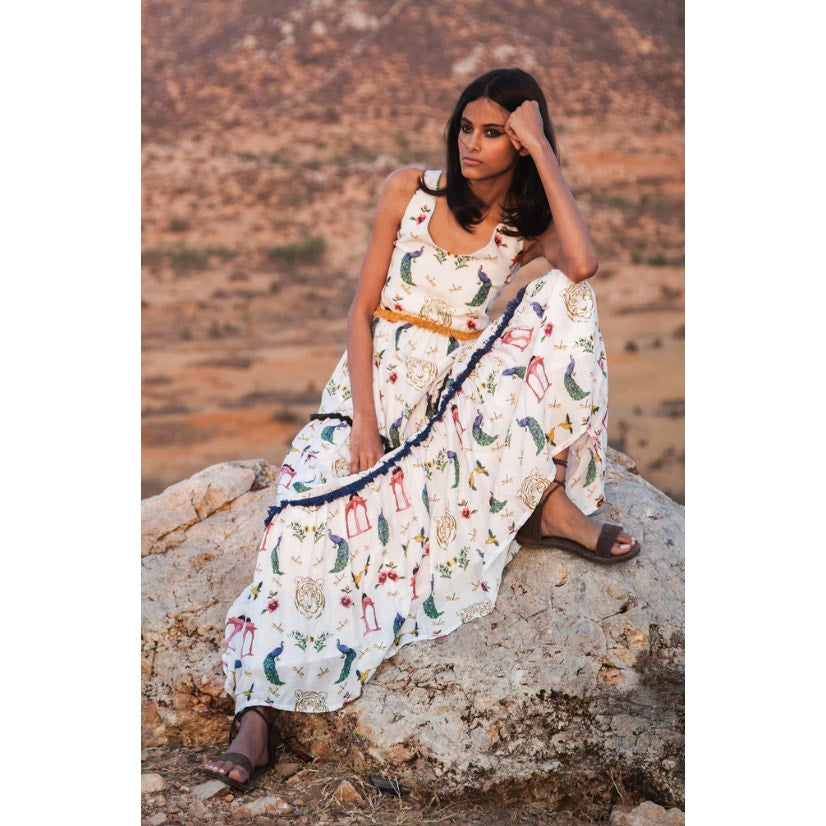 Verandah Chhatri Print Tiered Sleeveless Plunge Neck Maxi Dress White XS