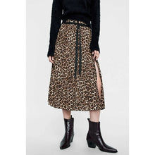 Load image into Gallery viewer, Zara Basic Leopard Print Pleated Tie-Waist Midi Skirt Brown Black L NWT
