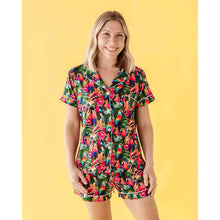 Load image into Gallery viewer, Bums &amp; Roses Parrot-Ise Found Collar Shirt &amp; Pajama Short Set Green Pink L NWT
