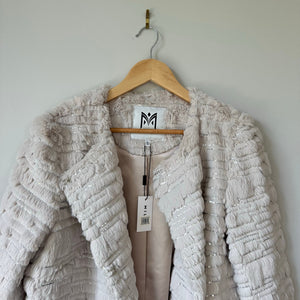 MILLY Sequin Fur Open-Front Long Sleeve Jacket Beige L NWT