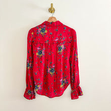 Load image into Gallery viewer, Anthropologie Maeve Fredericka Bird Floral Print Ruffle Button Up Shirt Red 0
