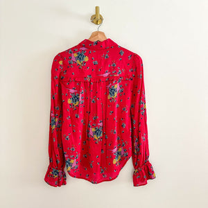 Anthropologie Maeve Fredericka Bird Floral Print Ruffle Button Up Shirt Red 0