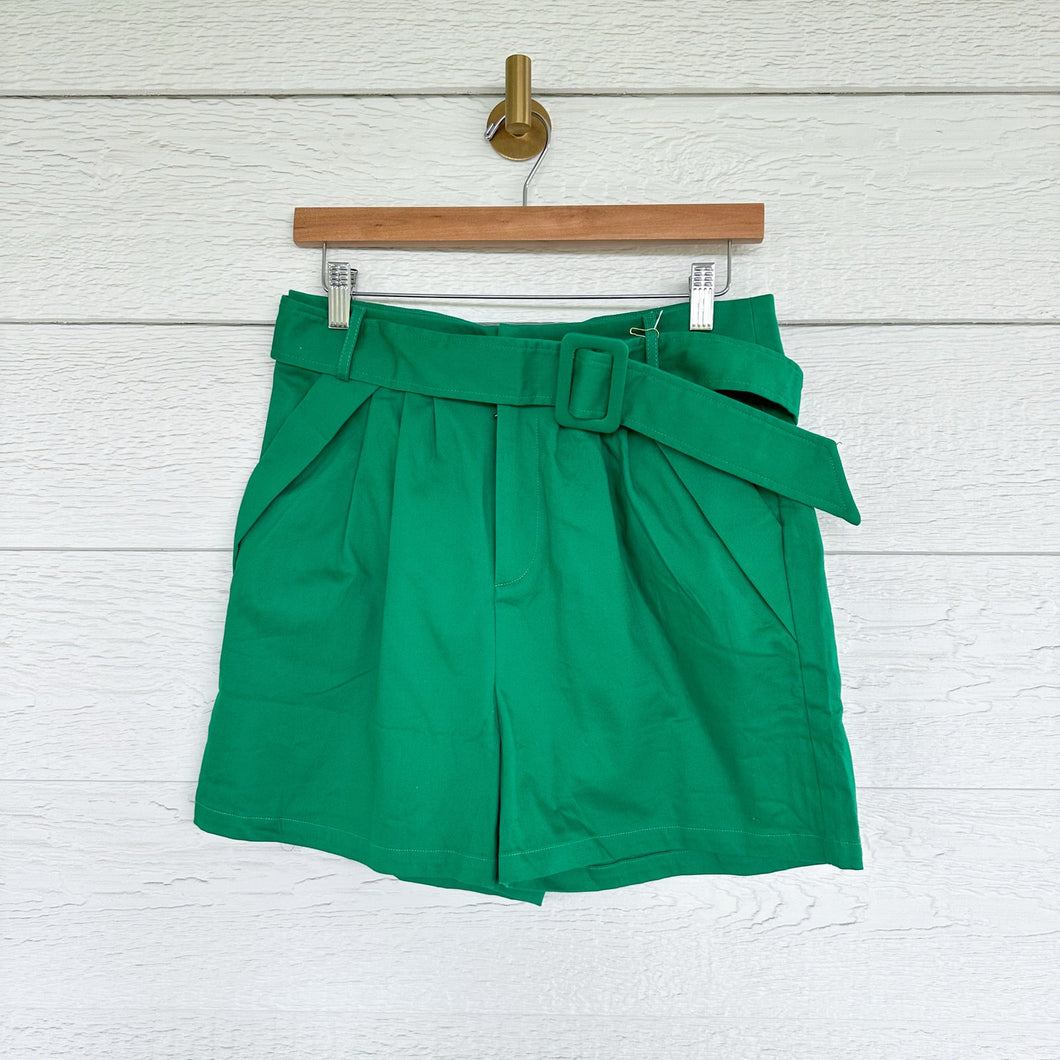 Verdusa High Rise Belted Pleated Paper Bag Shorts Green L NWT