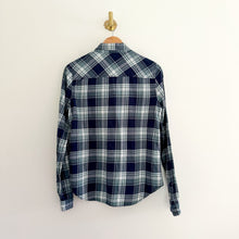 Load image into Gallery viewer, Paige Truddy Trellis Plaid Brushed Button Down Flannel Shirt Blue/Teal S
