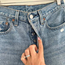 Load image into Gallery viewer, Levi&#39;s 501 Distressed High Rise Button-Fly Denim Straight Jeans Blue 24
