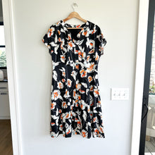 Load image into Gallery viewer, ST. JOHN Silk Floral Mod Print Neck Tie Short Sleeve Midi Dress Black 10 NWT
