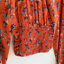 Load image into Gallery viewer, Free People Final Rose Print V-Neck Ruched Smocked Cropped Blouse Orange XS
