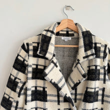 Load image into Gallery viewer, Baciano Plaid Pattern Double-Breasted Mid-Length Teddy Boucle Coat Black White M
